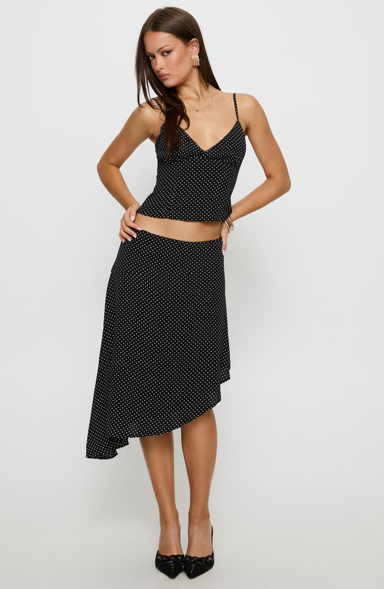 Princess Polly Cabernet Polka Dot Camisole & Asymmetric Skirt Set, Alternate, color, Black Polka