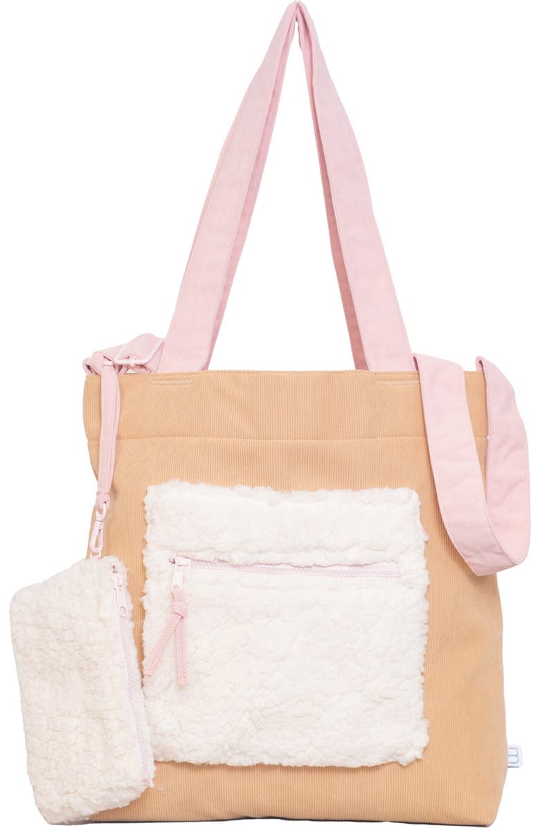 mimish Kids' Colorblock Corduroy & Faux Shearling Tote, Main, color, Curry/ Cotton Candy