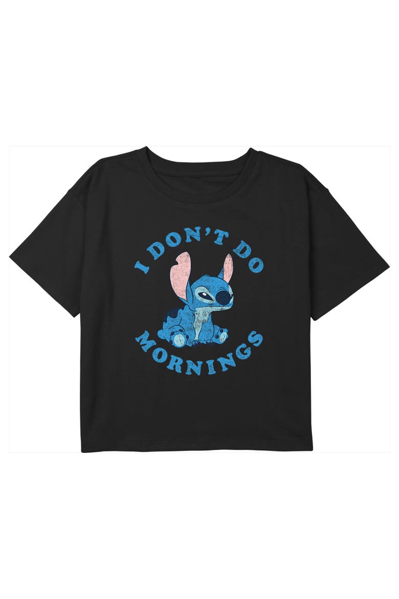 Girl's Lilo & Stitch I Don't Do Mornings Stitch Distressed  Graphic T-Shirt, Main, color, Black