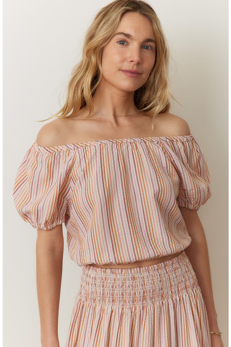 Marella Seersucker Off the Shoulder Top, Alternate, color, SUNSET STRIPE