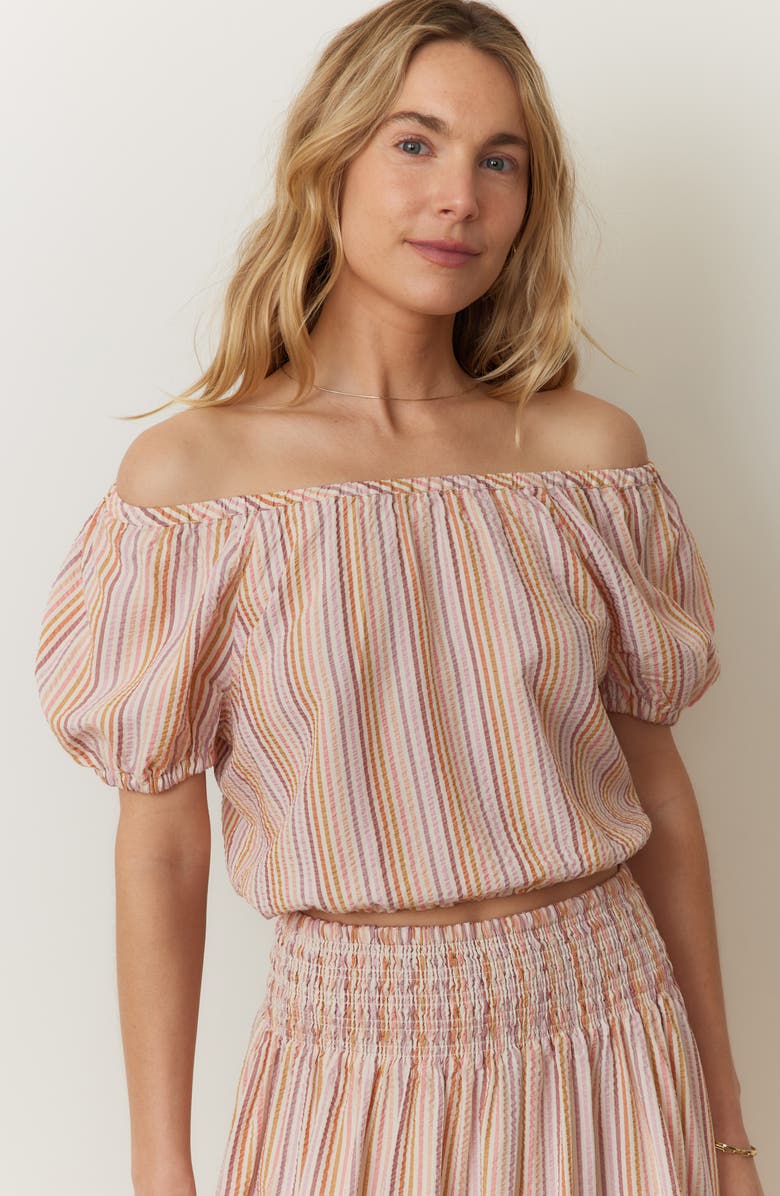 Marine Layer Marella Seersucker Off the Shoulder Top, Alternate, color, Sunset Stripe