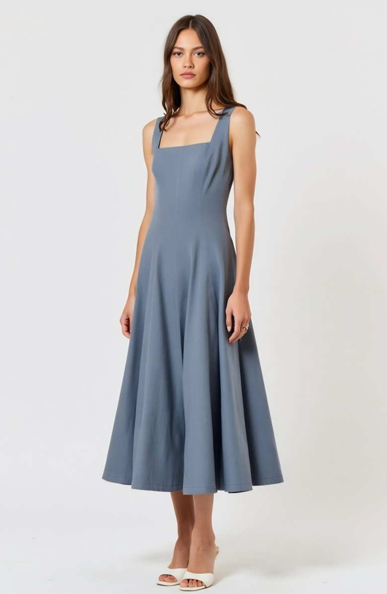Modenaire Wide Strap Square Neck Midi Dress with Fit and Flare Silhouette, Alternate, color, Blue-Gray