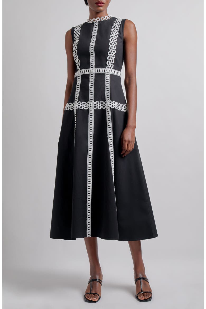 Eyelet Trim Sleeveless Cotton Dress, Main, color, BLACK/ WHITE
