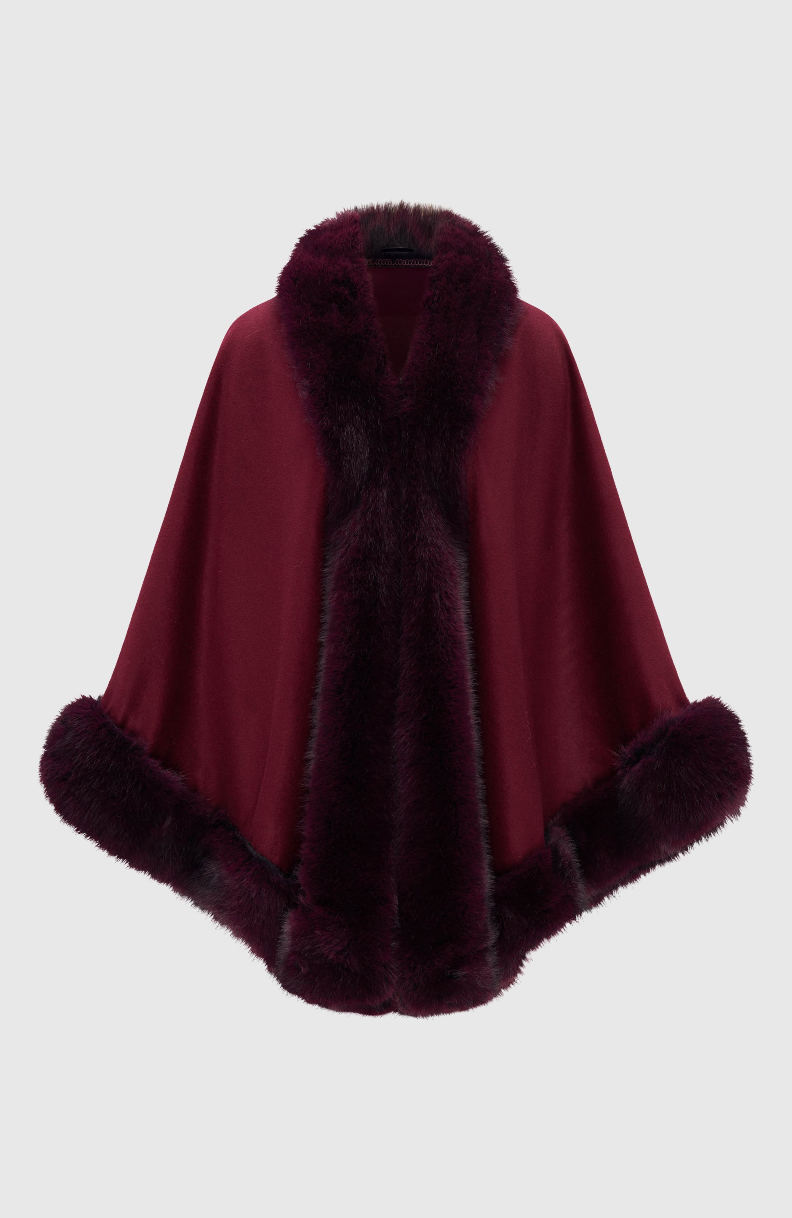 Lyla Grant Cashmere & Wool Blend Cape With Fur-Free Fox (Faux Fur) Trim in Wine 