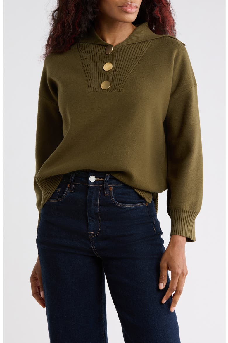 Wide Collar Button Pullover Sweater, Main, color, DARK OLIVE