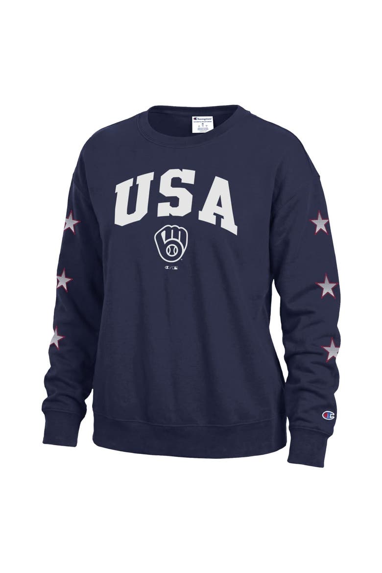 Women's Champion  Navy Milwaukee Brewers Americana Fleece Crewneck Sweatshirt, Alternate, color, Navy