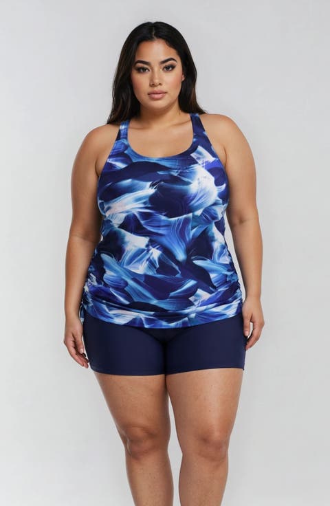 Plus Size Maya Tankini Swim Top With Built-In Bra and Navy Swim Shorts Set