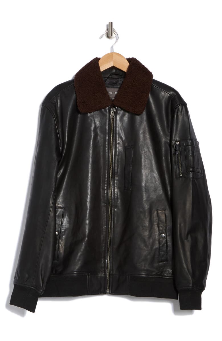 Slate & Stone Faux Shearling Collar Leather Aviator Jacket, Alternate, color, Black