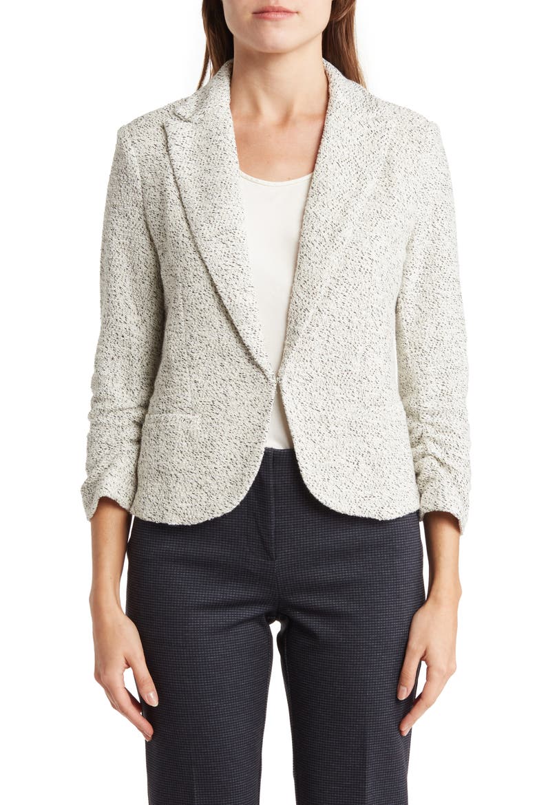Three-Quarter Sleeve Scrunch Bouclé Blazer, Alternate, color, IVORY/BLACK