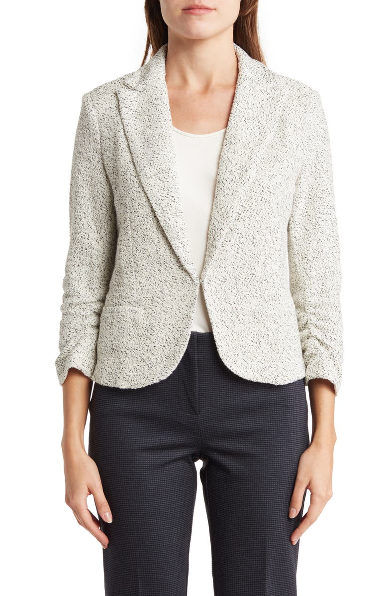 Amanda & Chelsea Three-Quarter Sleeve Scrunch Bouclé Blazer, Alternate, color, Ivory/Black