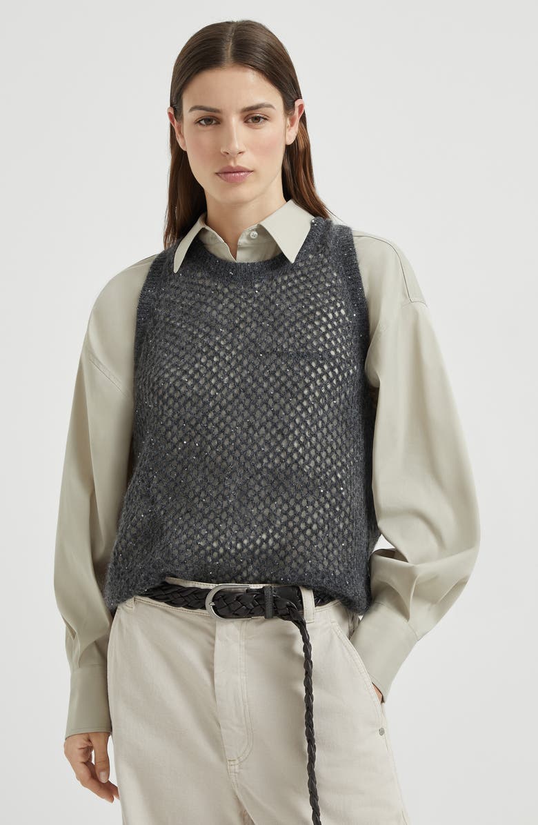 Brunello Cucinelli Dazzling Net knit top, Alternate, color, Anthracite