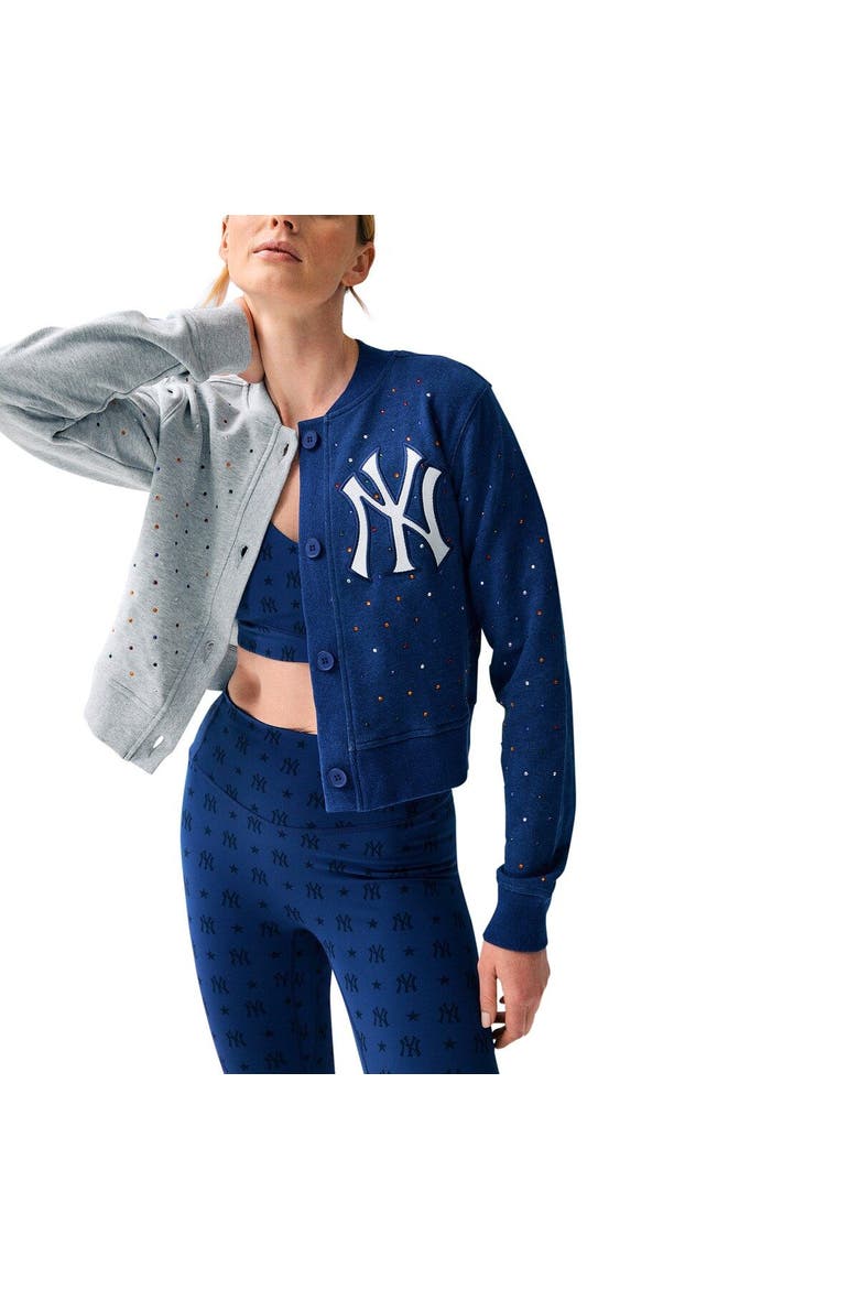Women's Terez Gray/Navy New York Yankees Cropped Button-Up Cardigan, Alternate, color, Gray