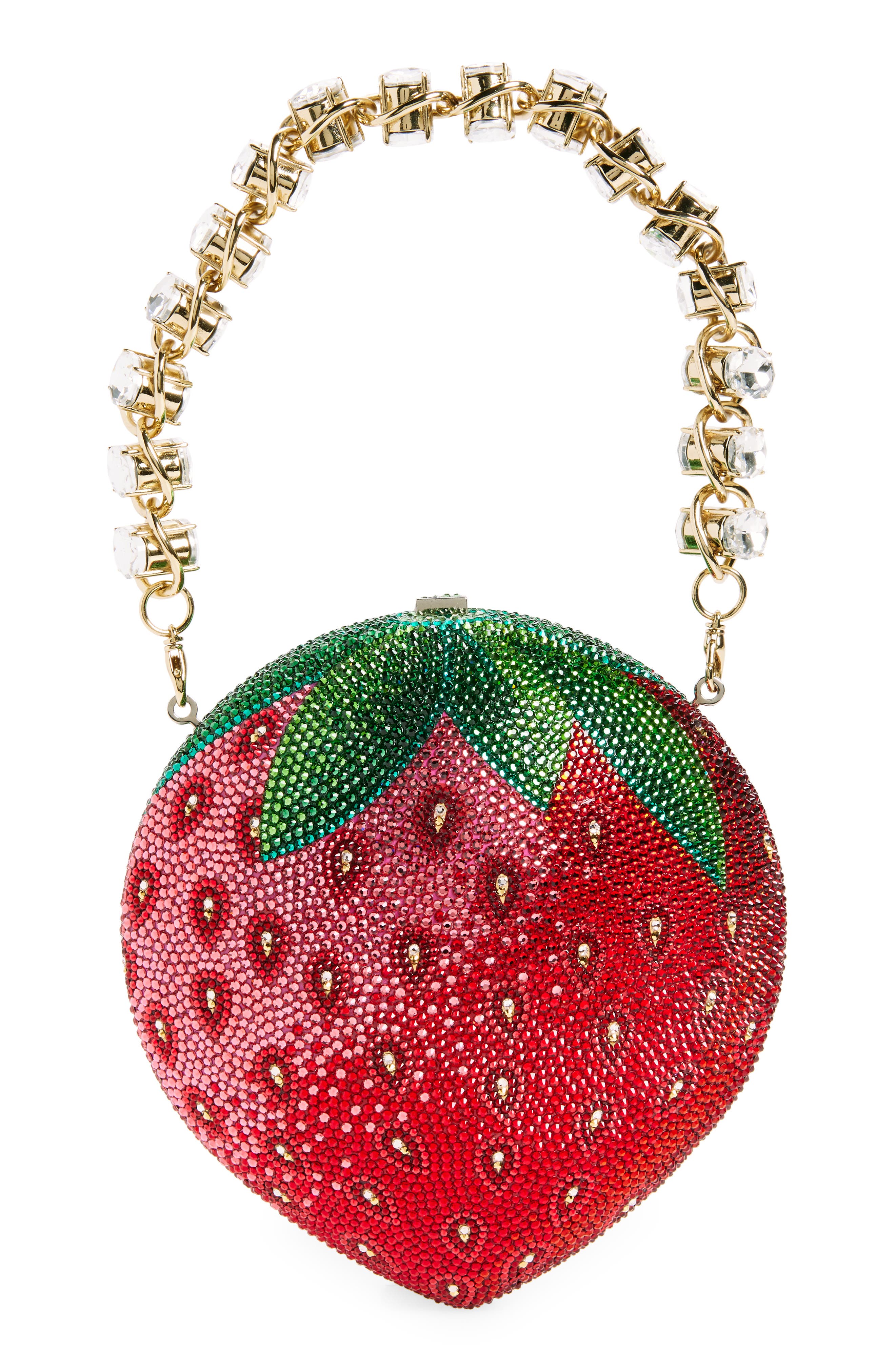 JUDITH LEIBER COUTURE Crystal Embellished Strawberry Clutch, Main, color, Silver Light Siam Multi
