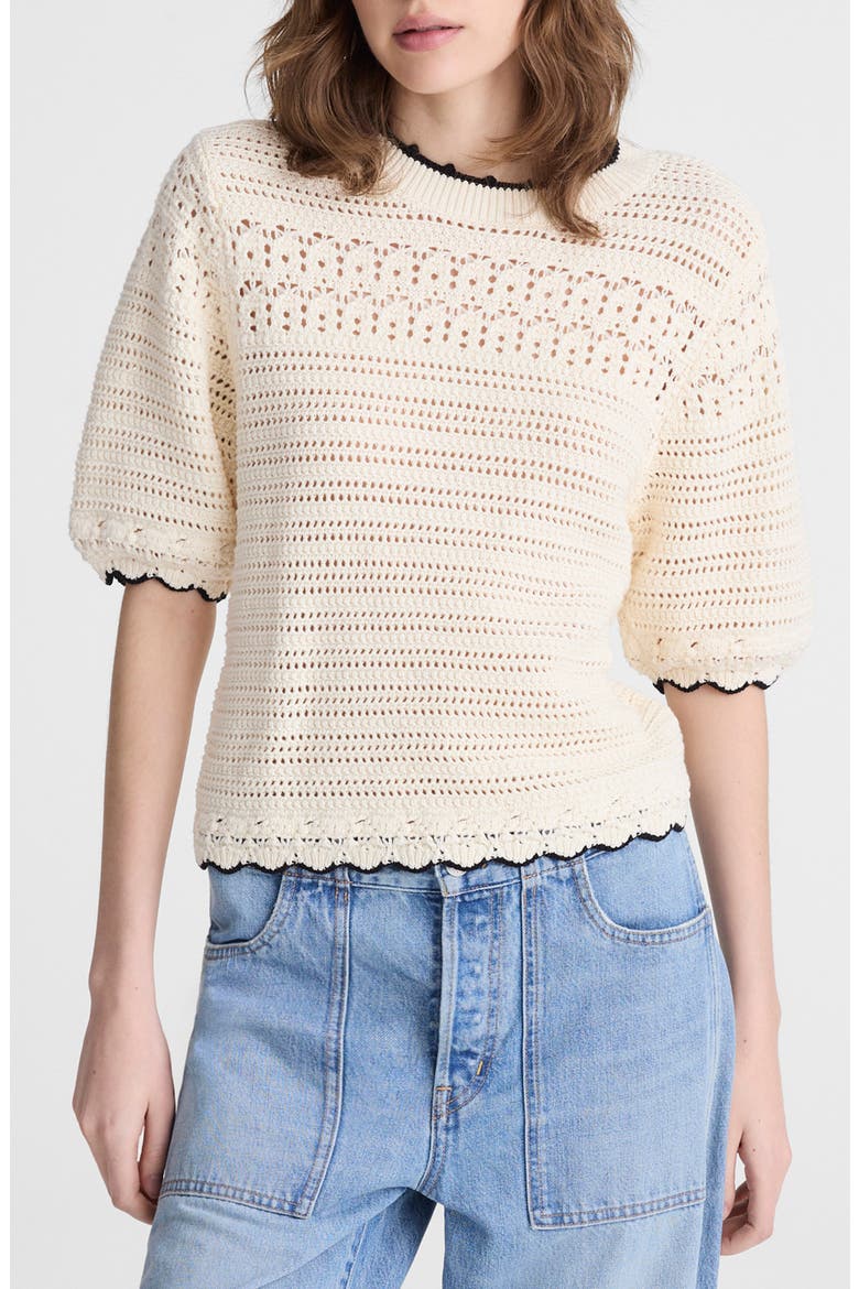 Puff-Sleeve Cotton Sweater T-Shirt, Main, color, IVORY WITH BLACK TIPPING