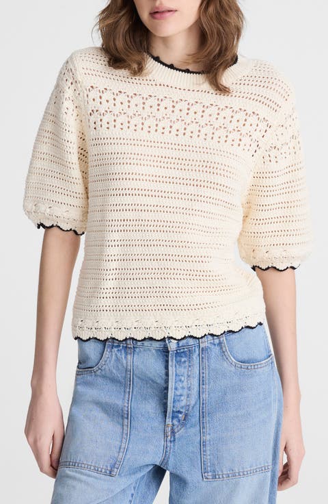 Puff-Sleeve Cotton Sweater T-Shirt