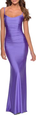 La Femme Long Ruched Jersey Dress with Thin Straps