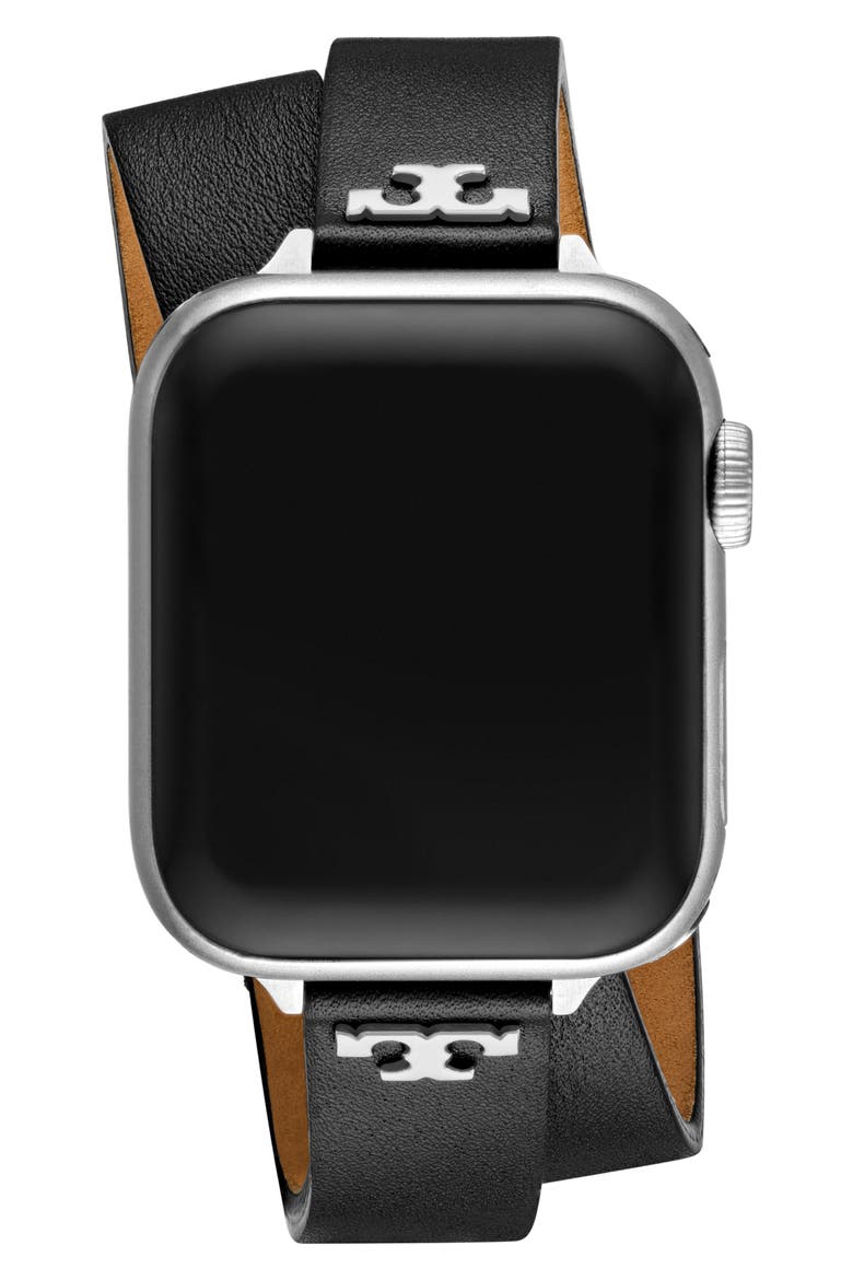 The T Double Wrap Leather Apple Watch® Watchband, Alternate, color, BLACK