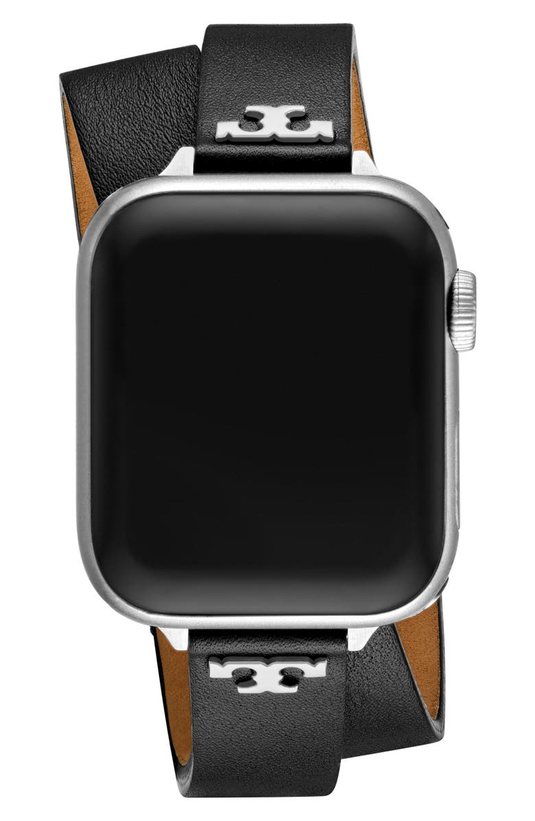 Tory Burch The T Double Wrap Leather Apple Watch<sup>®</sup> Watchband, Alternate, color, Black