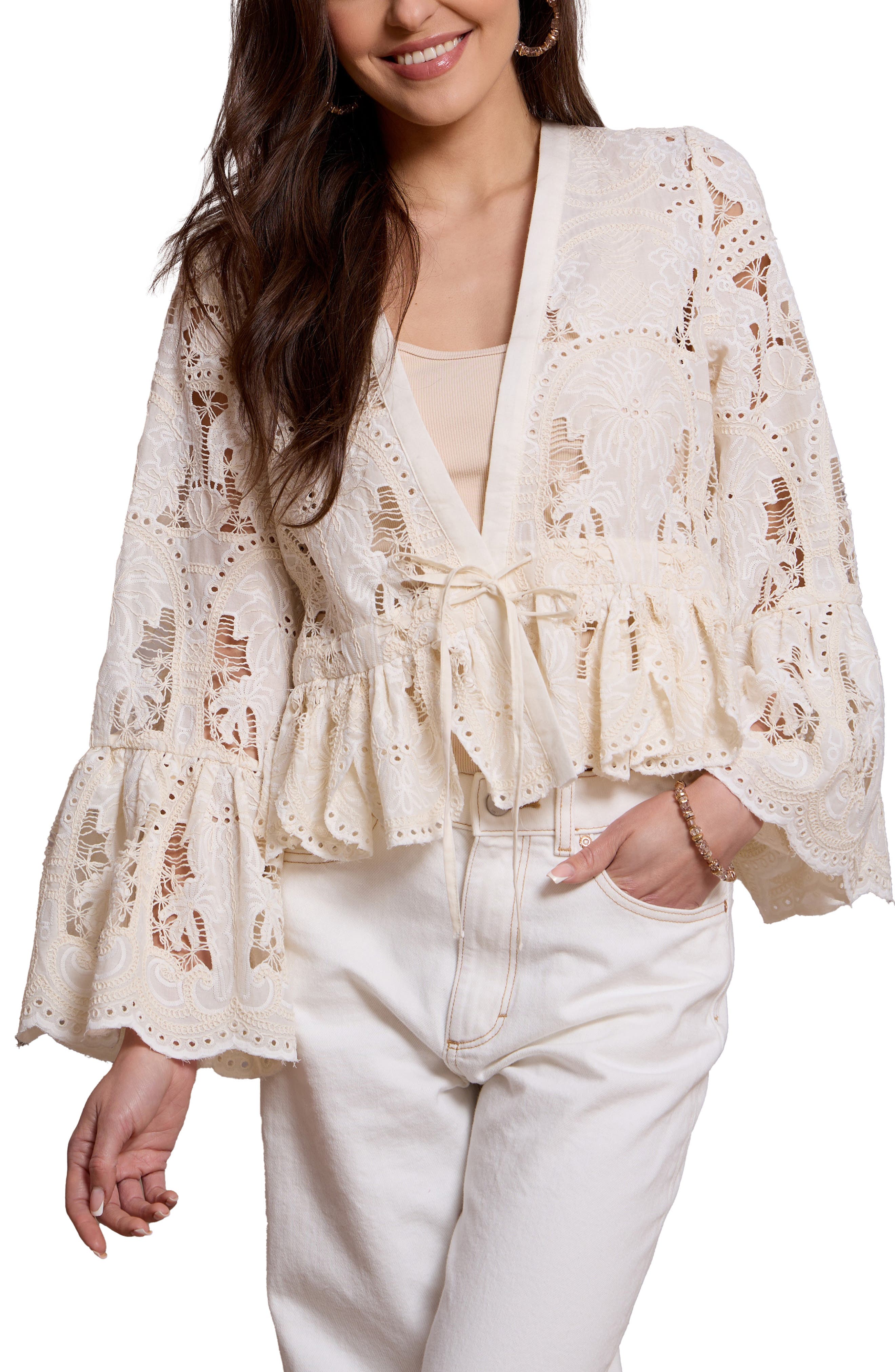 SAACHI Embroidered Eyelet Tie Front Ruffle Top