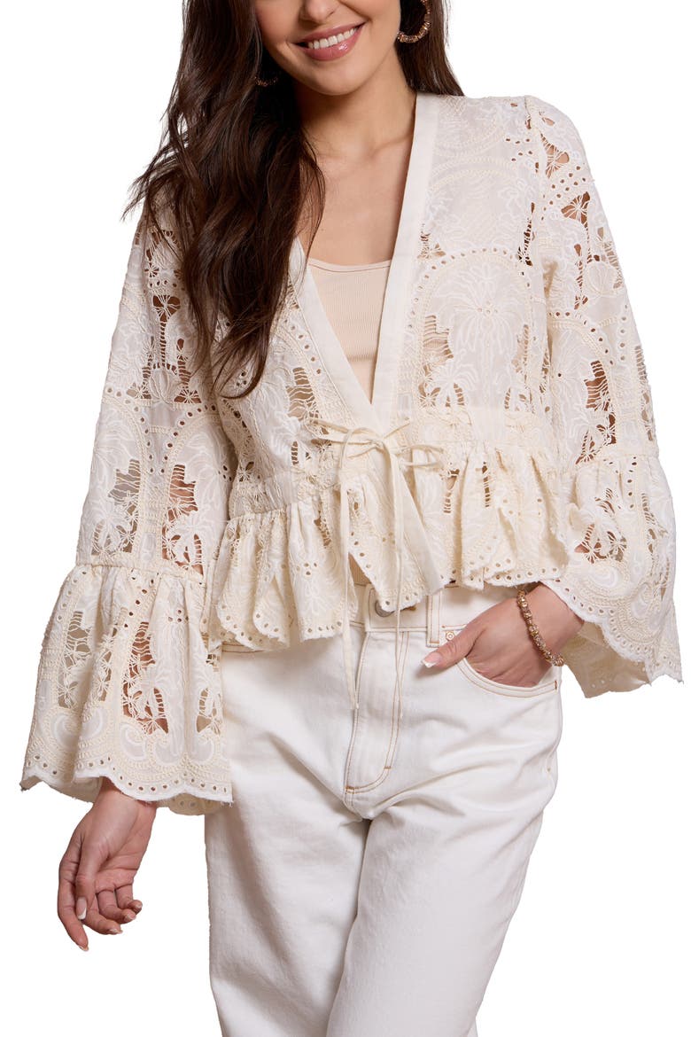 Embroidered Eyelet Tie Front Ruffle Top, Main, color, IVORY