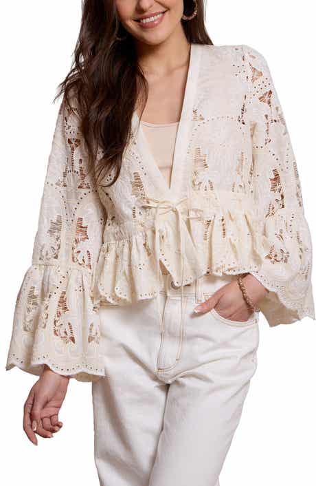 SAACHI Embroidered Eyelet Tie Front Ruffle Top
