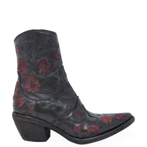Leather Embroidered Ankle Boot