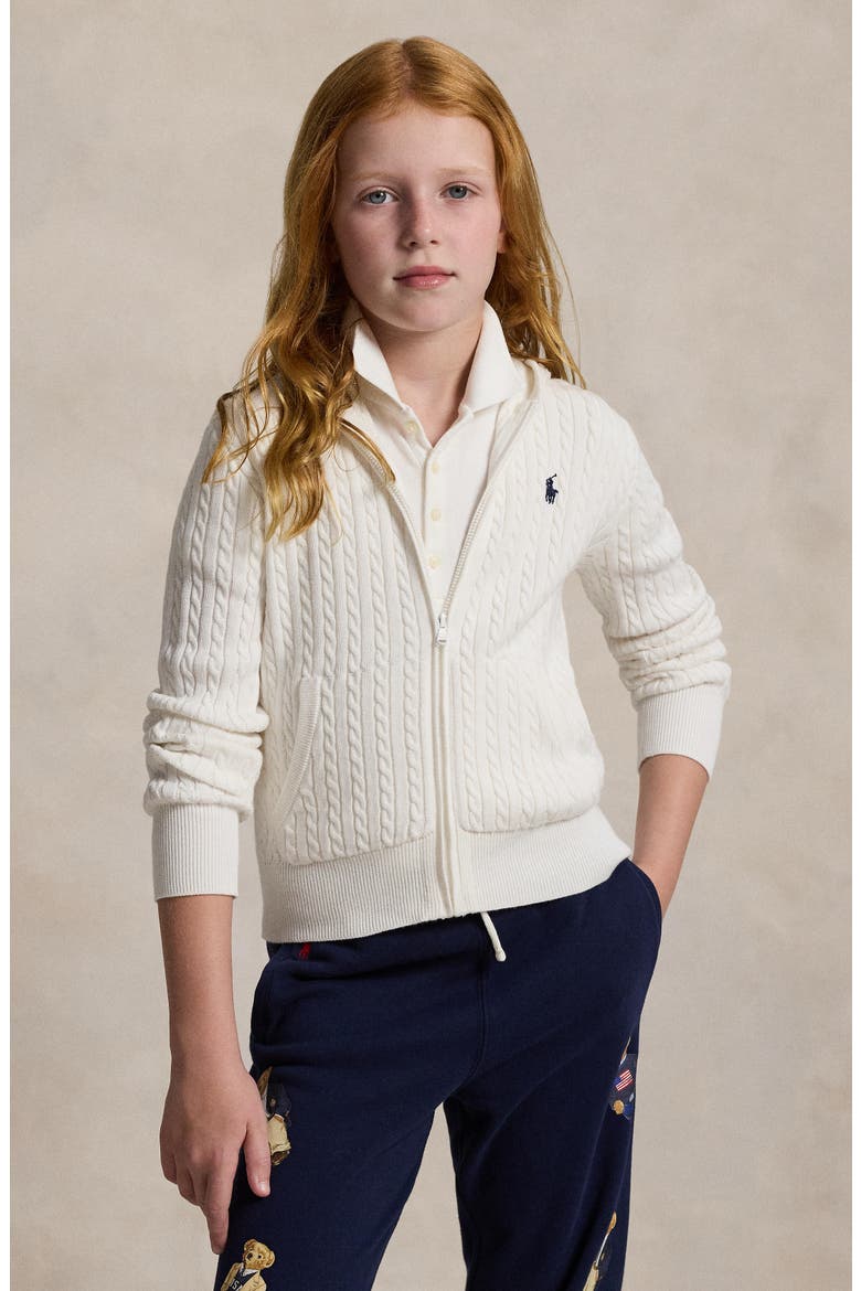 Kids' Cable Knit Cotton Zip Hoodie, Alternate, color, WHITE
