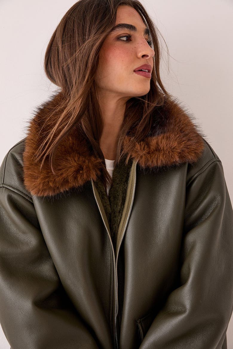 Faux Fur Collar Bomber Jacket, Alternate, color, Khaki
