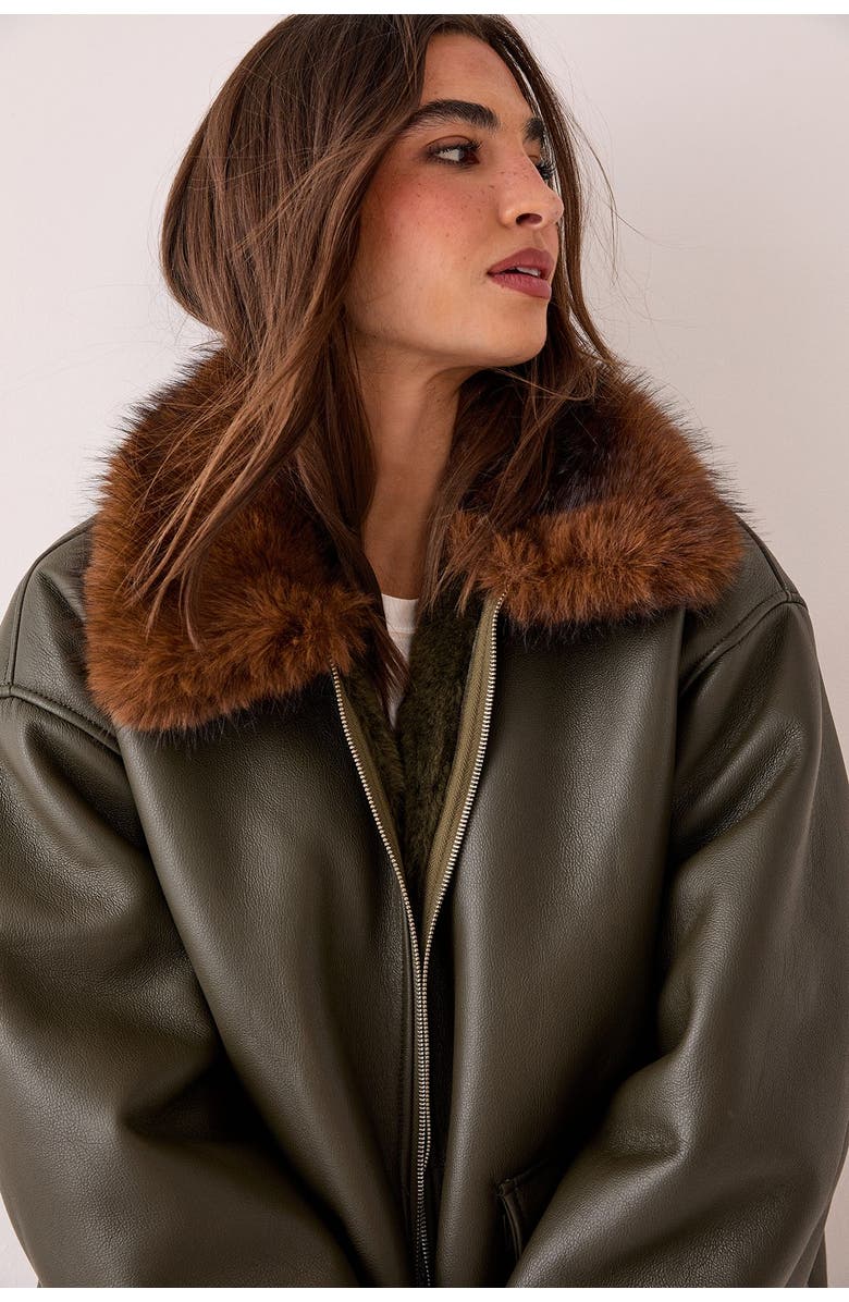 NASTY GAL Faux Fur Collar Bomber Jacket, Alternate, color, Khaki