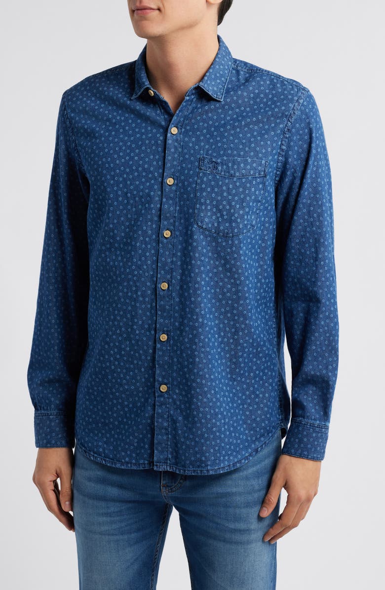 Original Penguin Slim Fit Ditsy Dot Cotton Denim Button-Up Shirt, Main, color, 