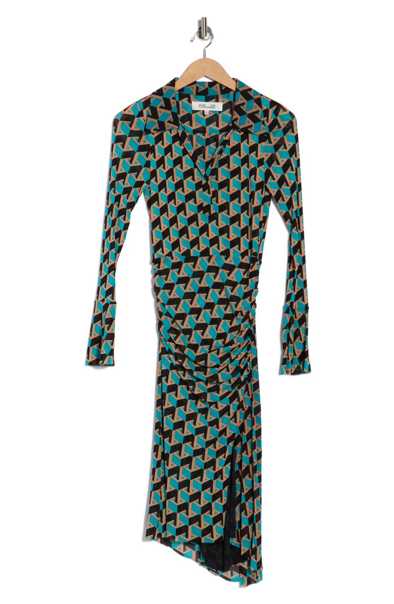 DVF Lilly Johnny Collar Long Sleeve Dress, Alternate, color, Intermission Geo Turquoise