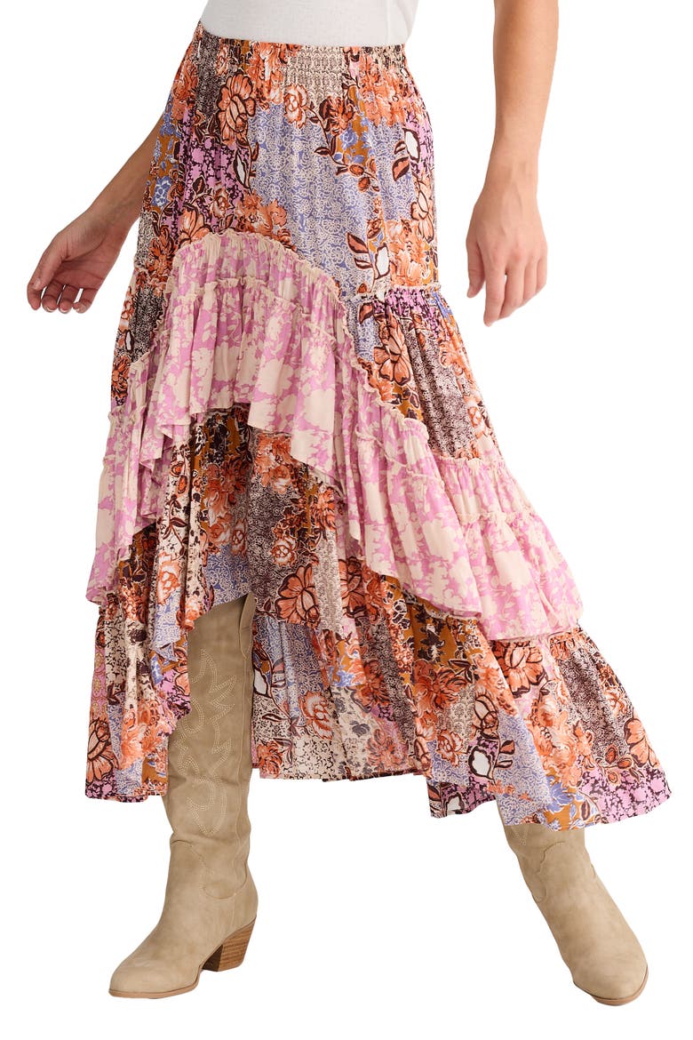 Sassy Floral High Low Tiered Midi Skirt, Alternate, color, DREAM WEAVER W MEADOW MUSE