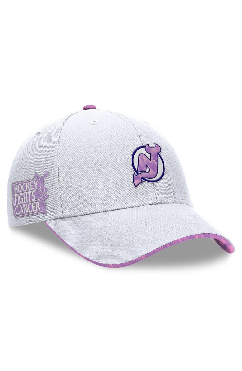 FANATICS Men's Fanatics White New Jersey Devils Authentic Pro Hockey Fights Cancer Adjustable Hat, Main, color,