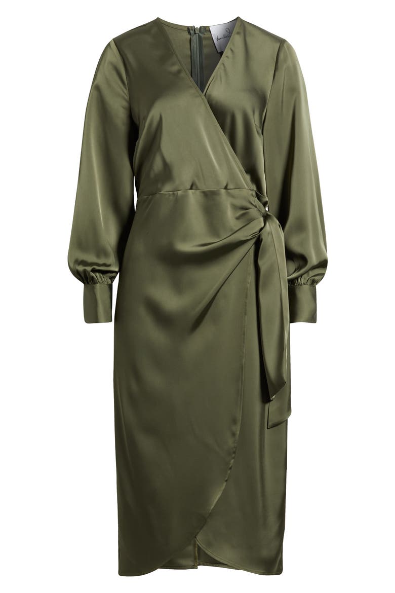 Long Sleeve Faux Wrap Satin Dress, Alternate, color, LODEN