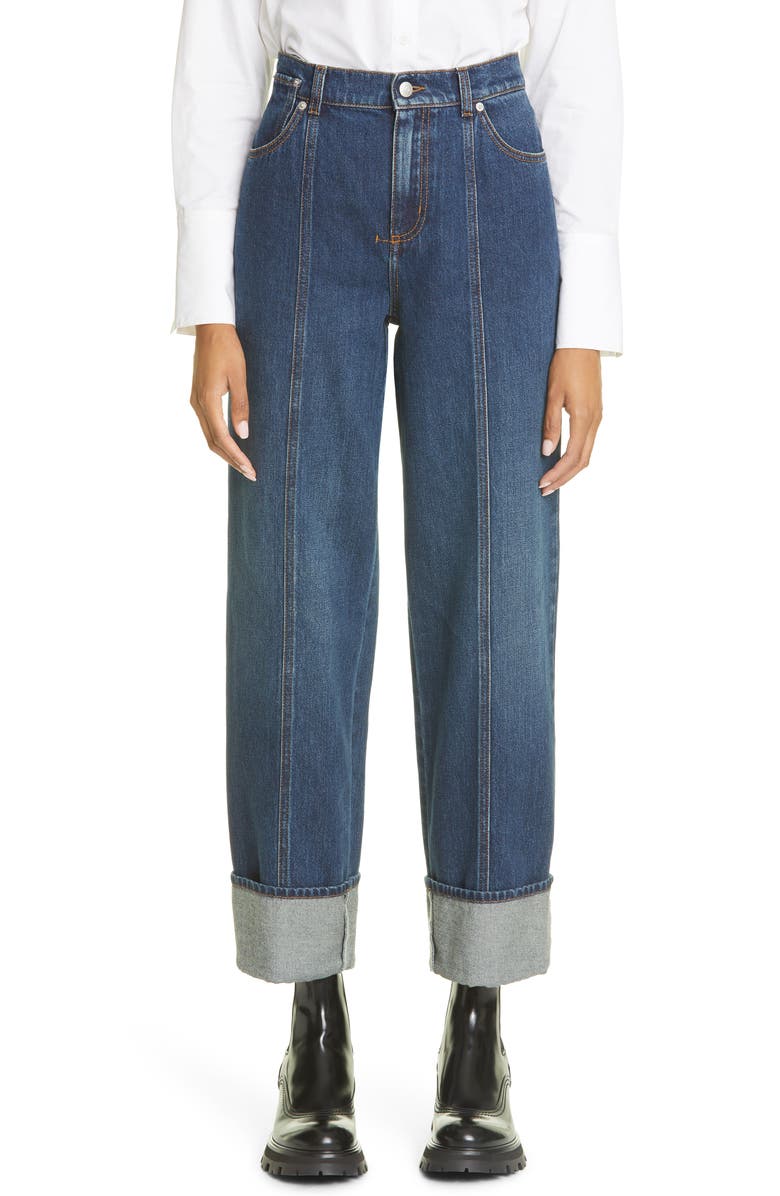 McQueen Alexander McQueen High Waist Cuffed Denim Pants, Main, color, 