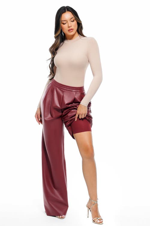 Popilush Faux Leather High Waisted Wide Leg Pants In Red