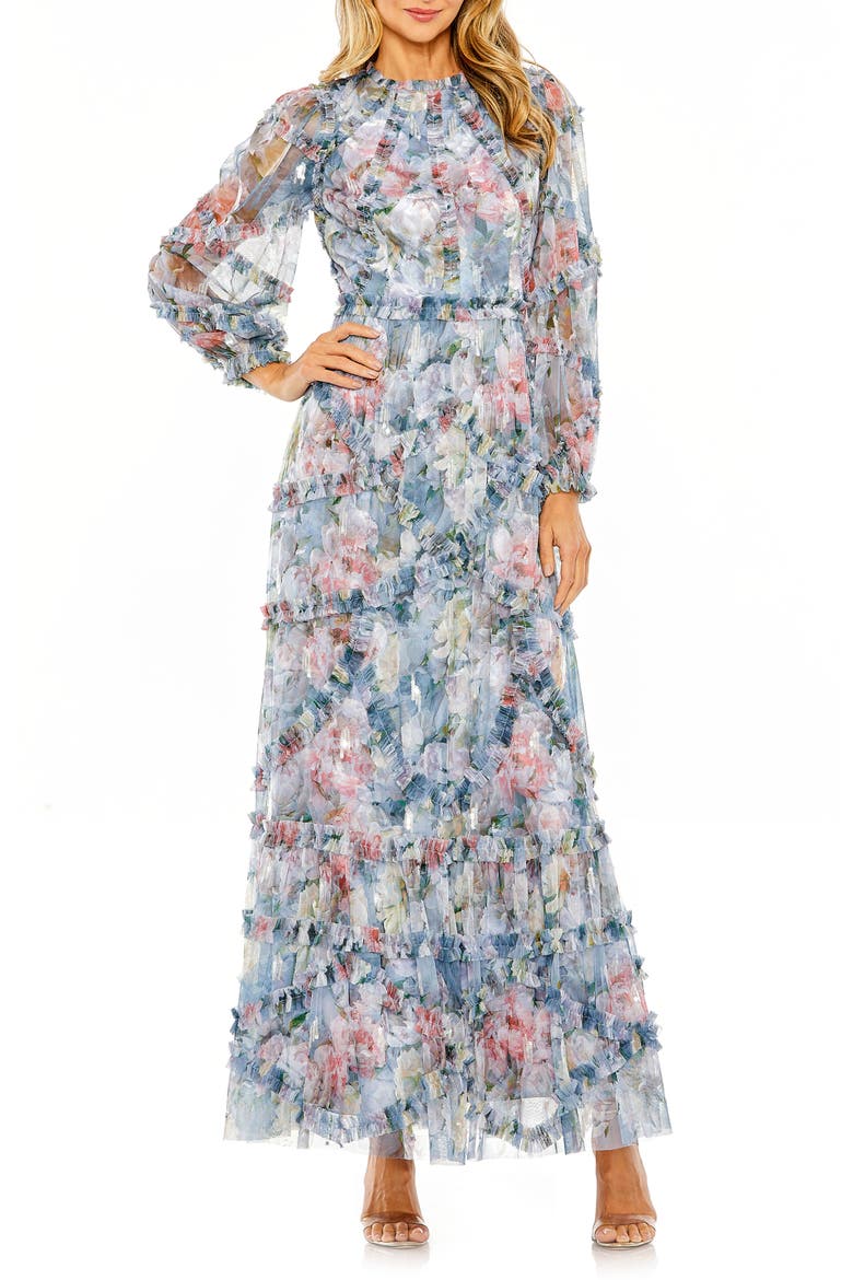 Floral Long Sleeve High Neck Ruffle Detail Gown, Main, color, PLATINUM MULTI