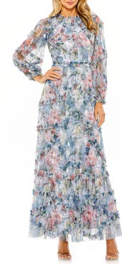 Mac Duggal Floral Long Sleeve High Neck Ruffle Detail Gown