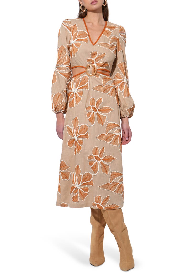 Joy Embroidered Side Cutout Long Sleeve Midi Dress, Main, color, NATURAL/ RUST
