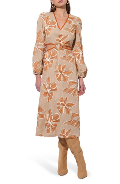 Joy Embroidered Side Cutout Long Sleeve Midi Dress