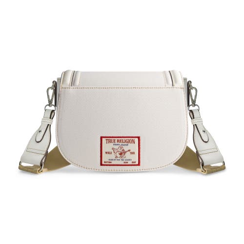 True Religion Distressed Logo Denim Saddle Bag In White