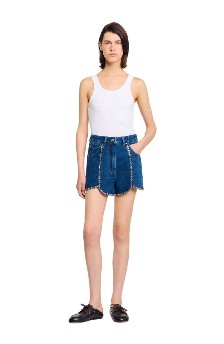 SANDRO Rhinestone denim shorts, Alternate, color, Blue Jean