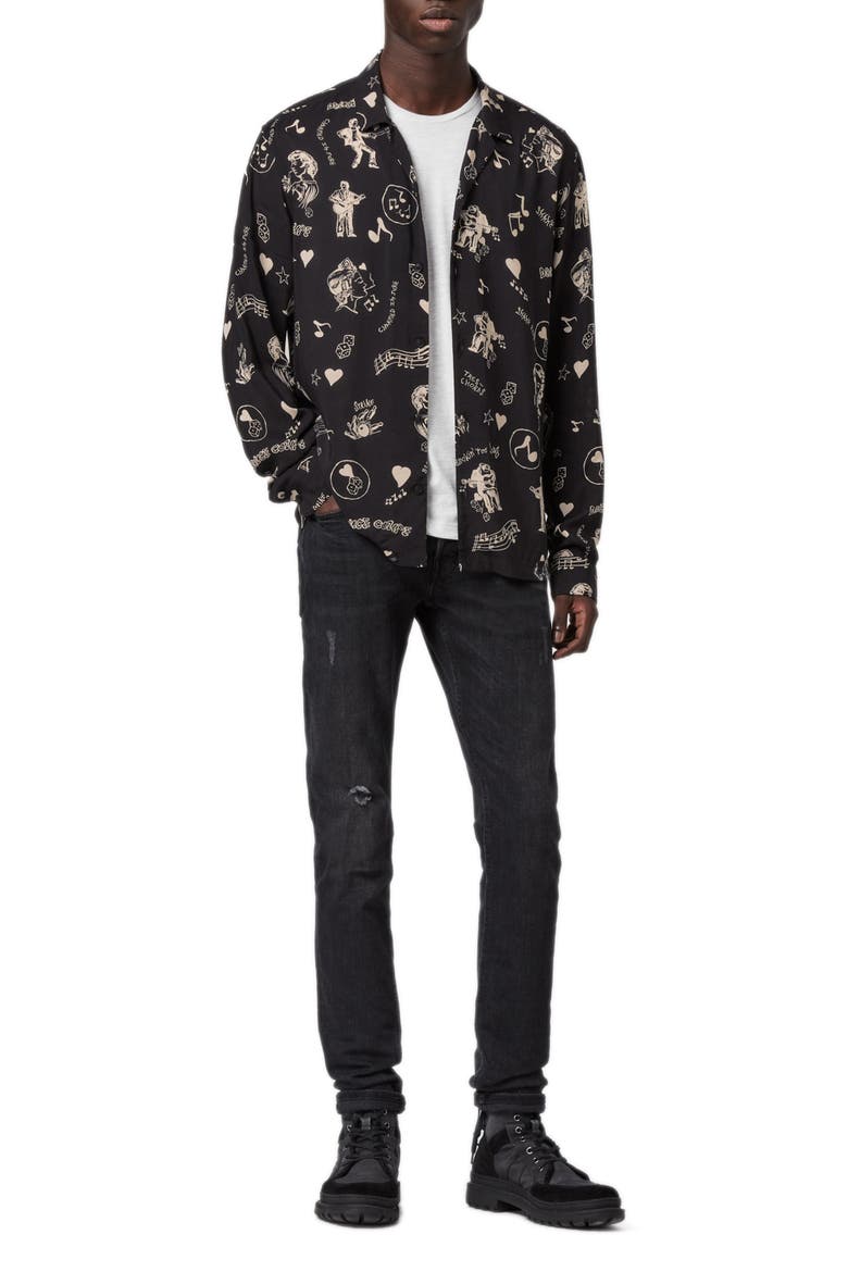 Tres Chordos Slim Fit Print Button-Up Shirt, Alternate, color, JET BLACK