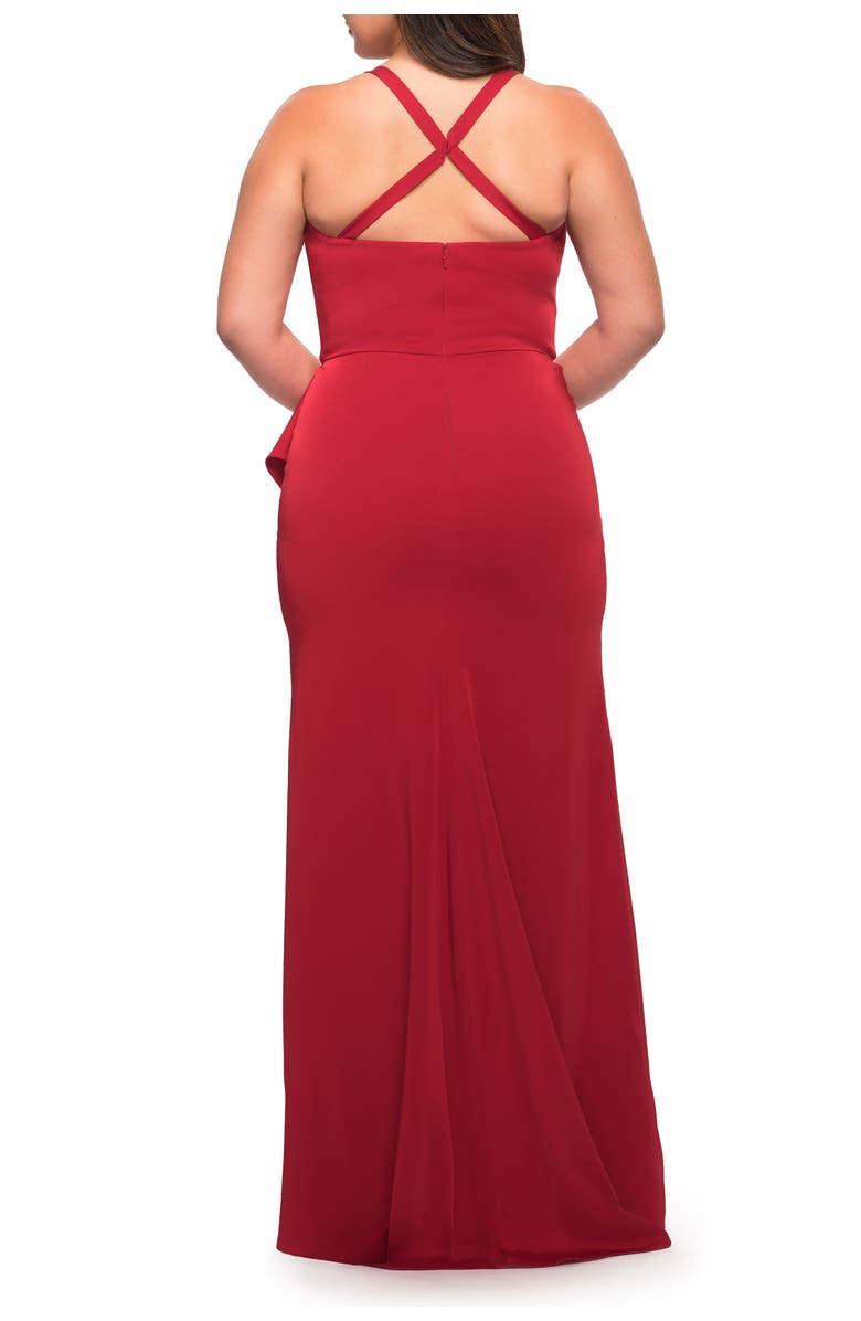 La Femme Elegant Jersey Gown with Ruffle Slit Detail, Alternate, color, Red