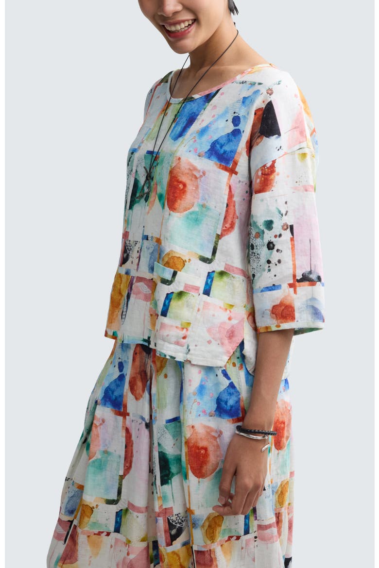 Elowen Painterly Print Linen Blouse, Alternate, color, Multihued