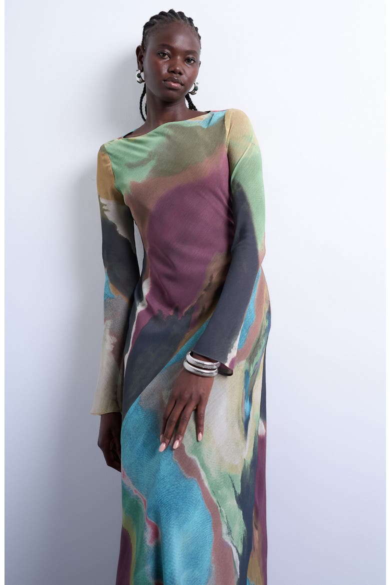 Abstract Print Long Sleeve Chiffon Maxi Dress, Alternate, color, BURGUNDY MULTI