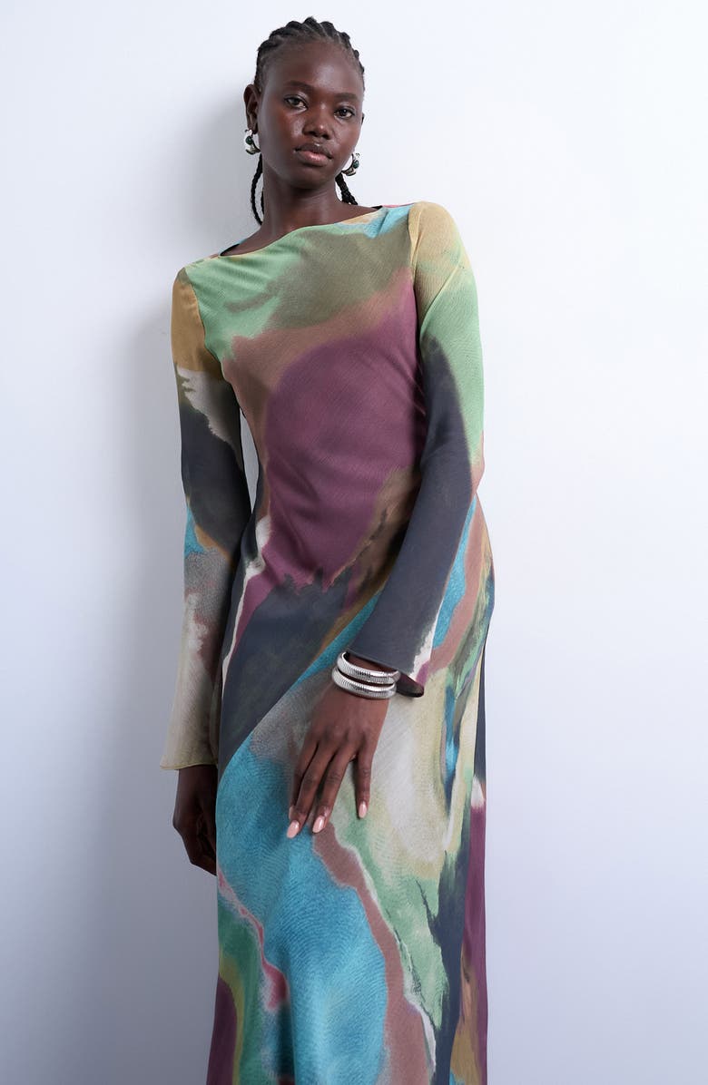 Topshop Abstract Print Long Sleeve Chiffon Maxi Dress, Alternate, color, Burgundy Multi