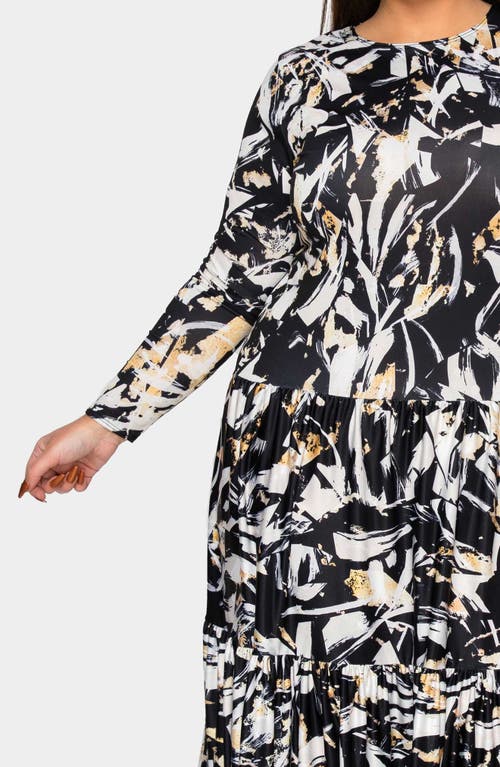 L I V D Zimmern Printed Tiered Long Sleeve Maxi Dress In Black Taupe
