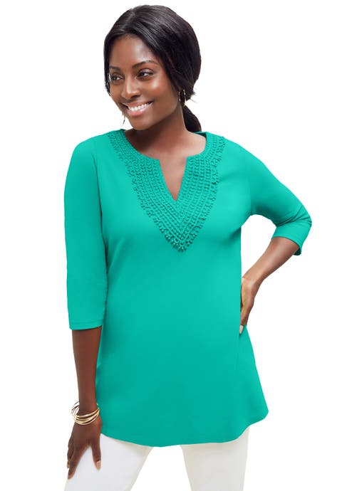 Stretch Cotton Crochet Notch Neck Tunic