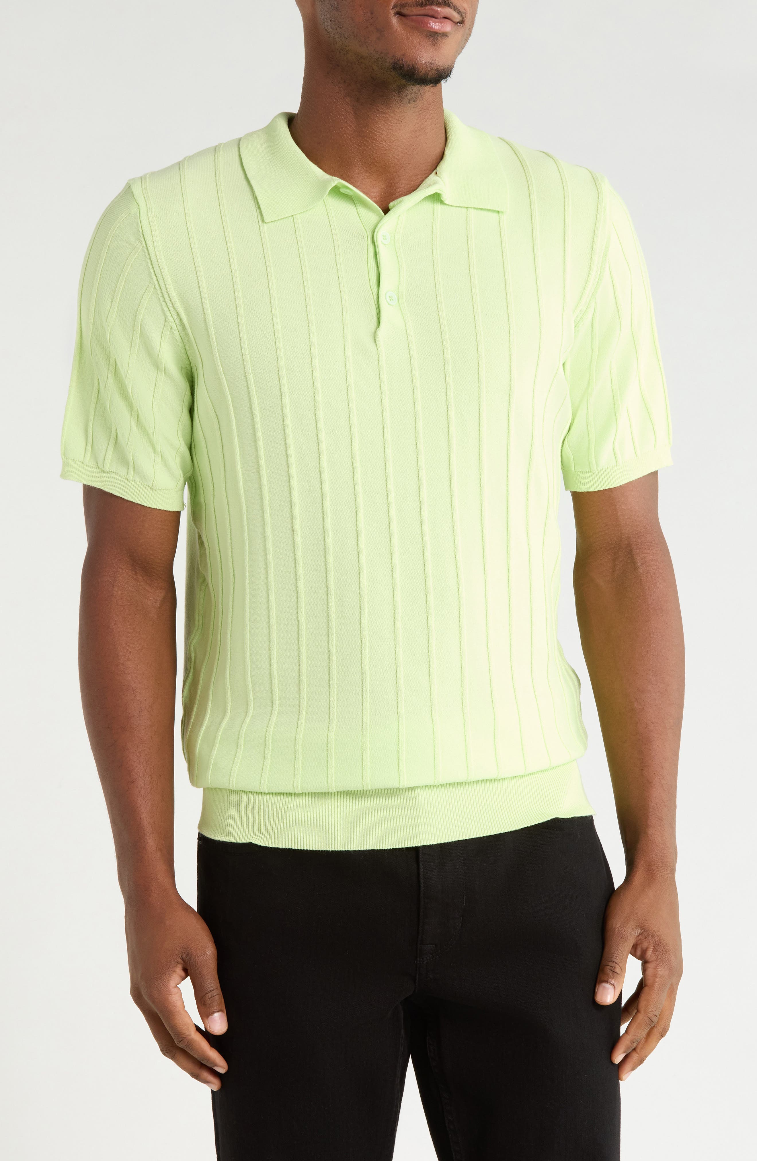 Textured Rib-Knit Short Sleeve Polo Sweater